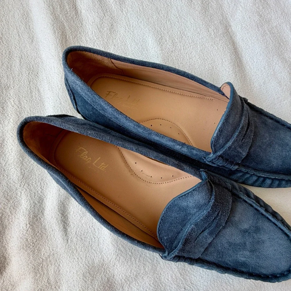 Flag Ltd. Navy Blue Suede Penny Loafers Driving Mocs 8.5M Made in Brazil